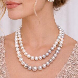 ALI KHAN glass pearl rhinestone 2 single strand necklace with gift box